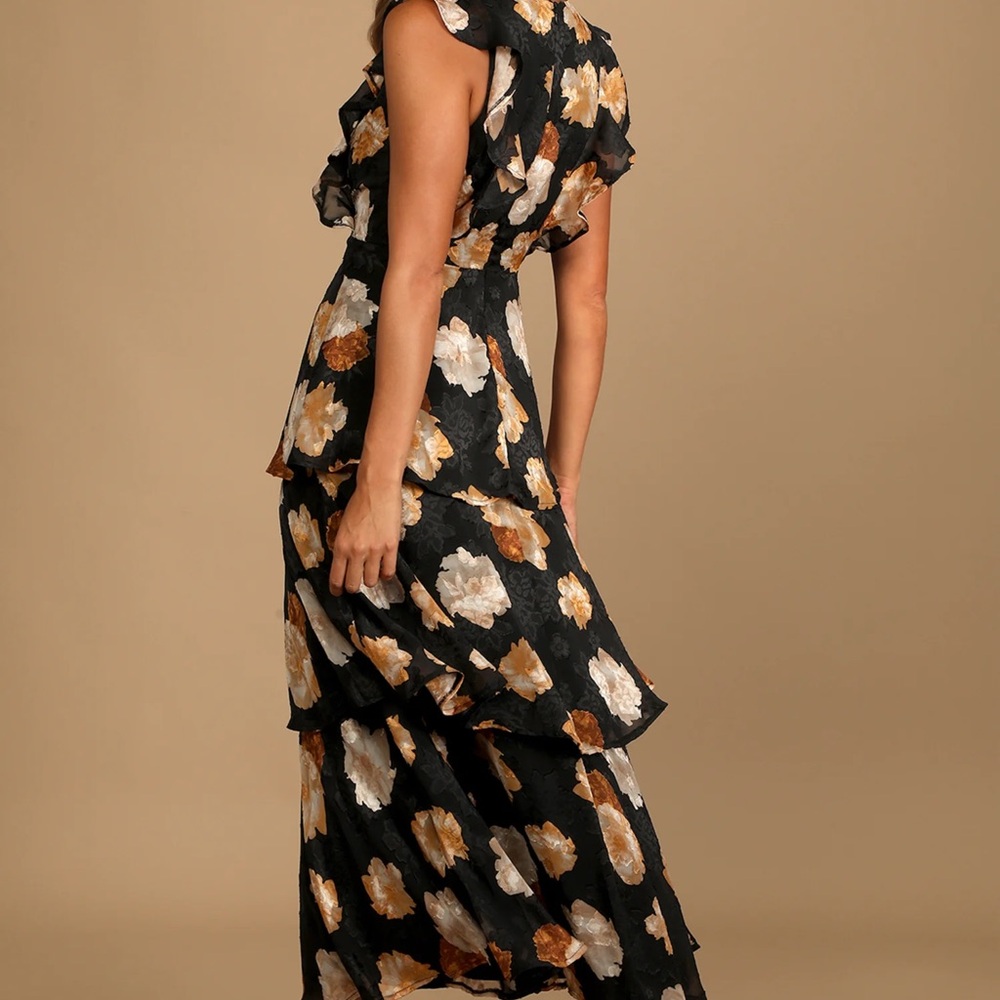 Lulu's No Introductions Needed Black Burnout Floral Tiered Maxi Dress